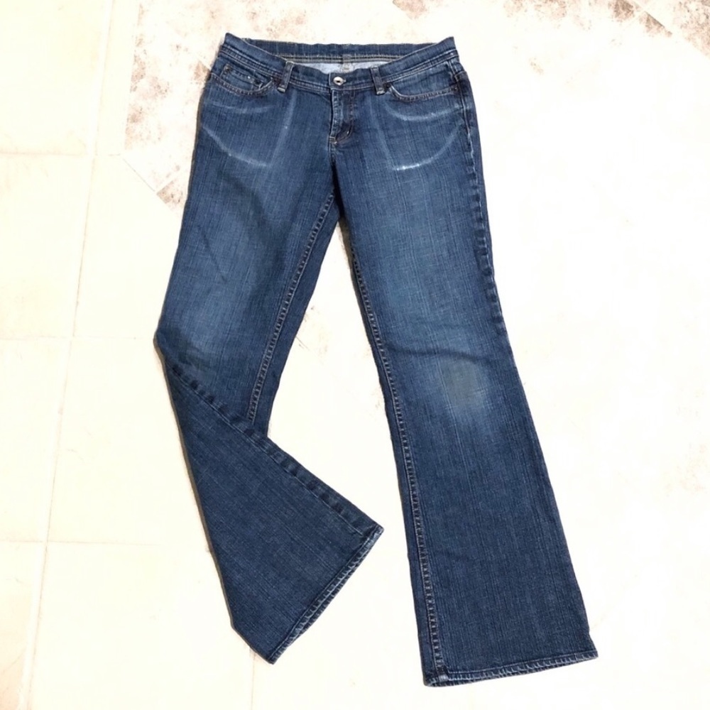 Express distressed medium wash denim flare j…